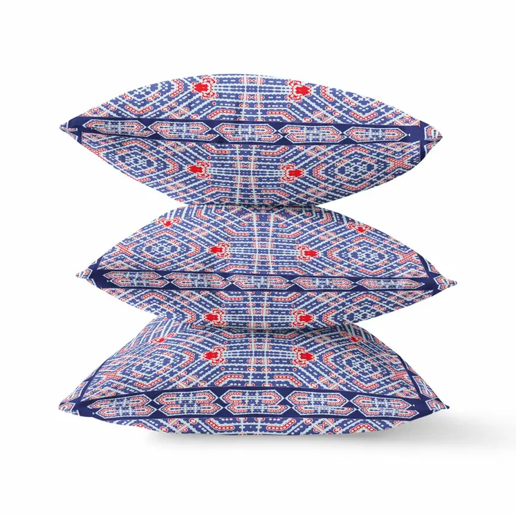 20" X 20" Indigo Red Geometric Blown Seam Suede Throw Pillow
