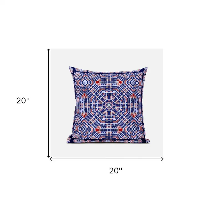 20" X 20" Indigo Red Geometric Blown Seam Suede Throw Pillow