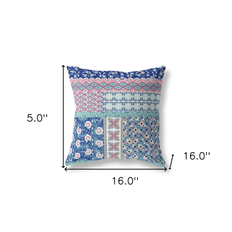 16"X16" Blue And Pink Microsuede Patchwork Zippered Pillow
