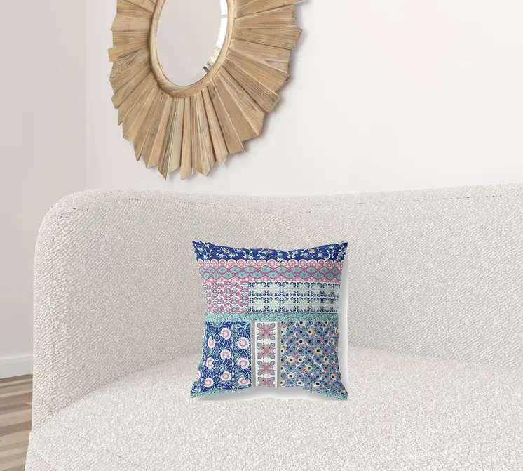 16"X16" Blue And Pink Microsuede Patchwork Zippered Pillow