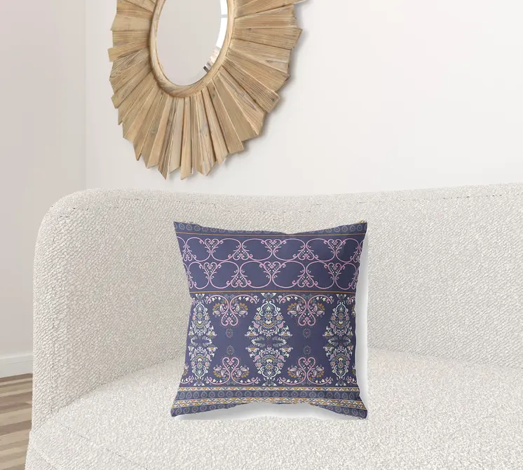 20" X 20" Blue And Pink Stencil Zippered Suede Throw Pillow