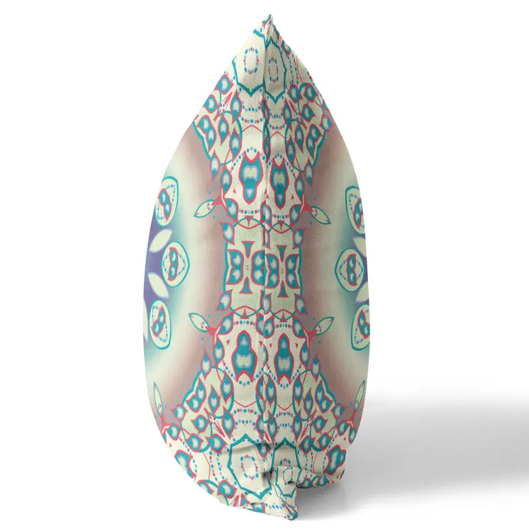 18" X 18" Beige And Blue Geometric Blown Seam Suede Throw Pillow