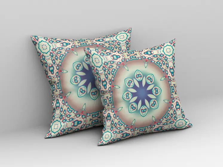18" X 18" Beige And Blue Geometric Blown Seam Suede Throw Pillow