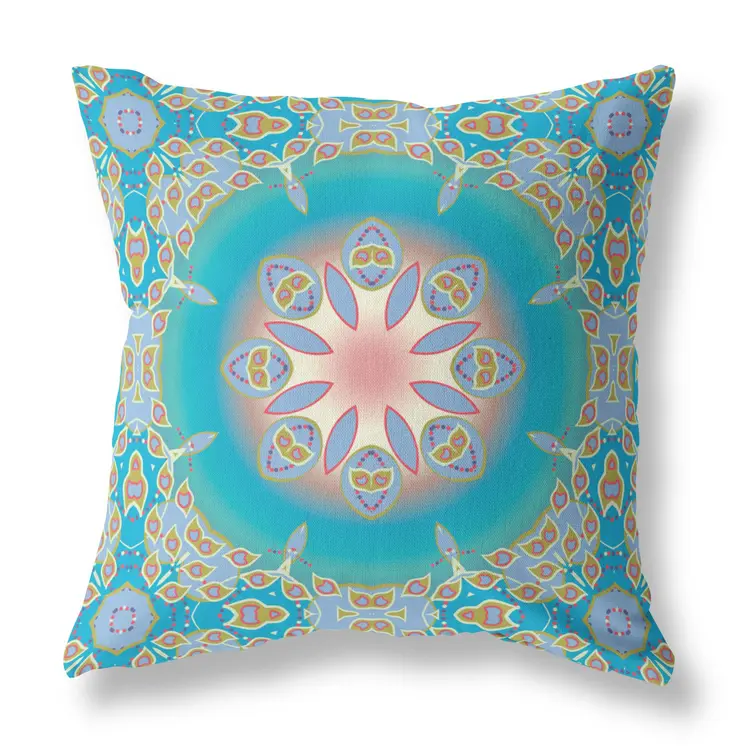 18" X 18" Blue And Green Geometric Blown Seam Suede Throw Pillow
