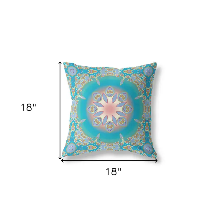 18" X 18" Blue And Green Geometric Blown Seam Suede Throw Pillow