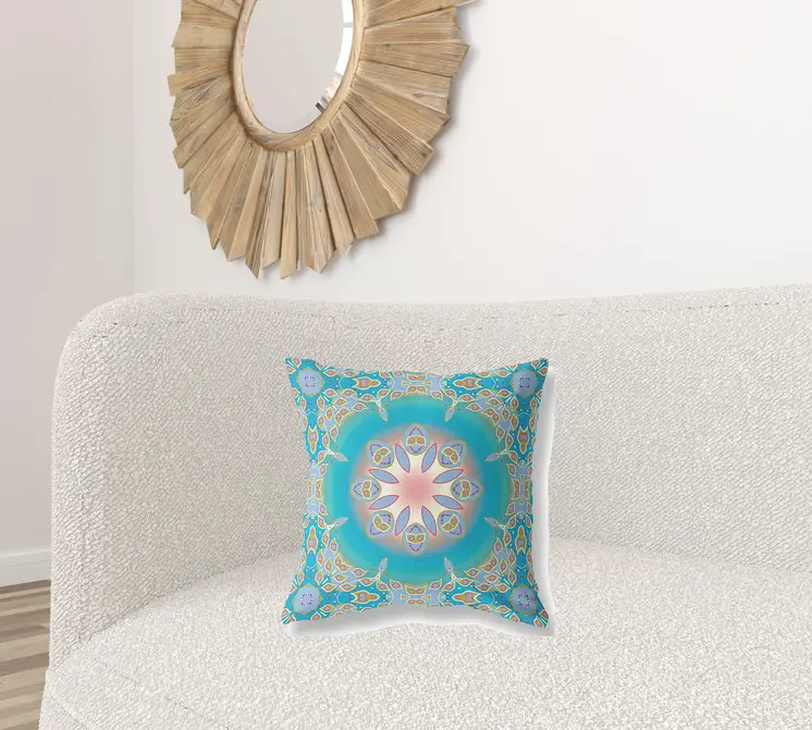 18" X 18" Blue And Green Geometric Blown Seam Suede Throw Pillow