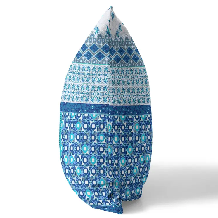 20"X20" Blue And White Microsuede Patchwork Blown Seam Pillow