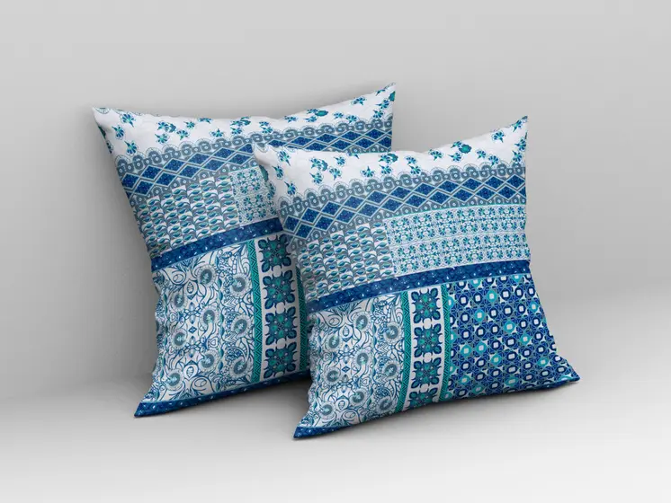 20"X20" Blue And White Microsuede Patchwork Blown Seam Pillow