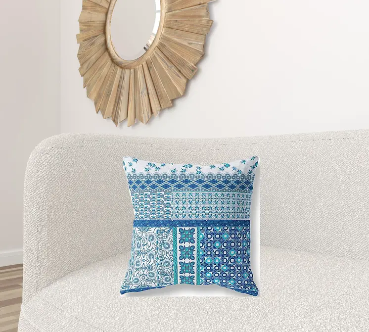 20"X20" Blue And White Microsuede Patchwork Blown Seam Pillow