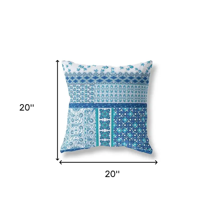20"X20" Blue And White Microsuede Patchwork Blown Seam Pillow