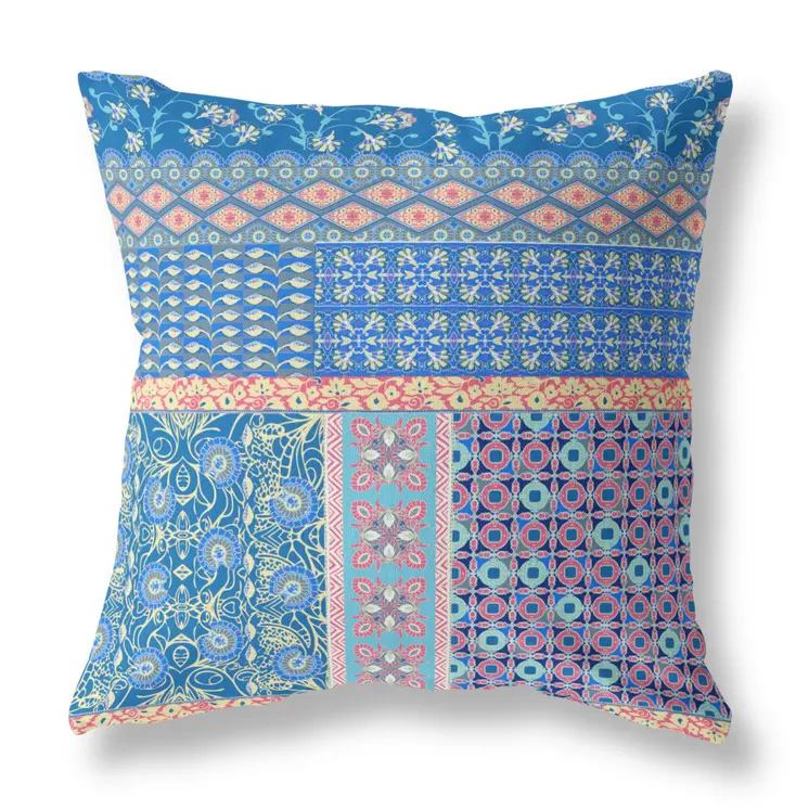 20"X20" Blue And Yellow Microsuede Patchwork Blown Seam Pillow