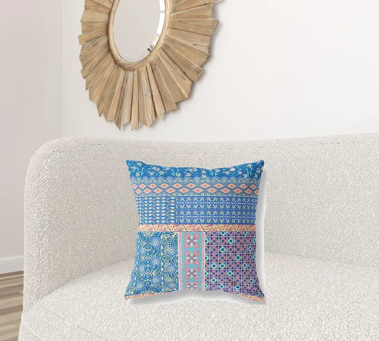 20"X20" Blue And Yellow Microsuede Patchwork Blown Seam Pillow