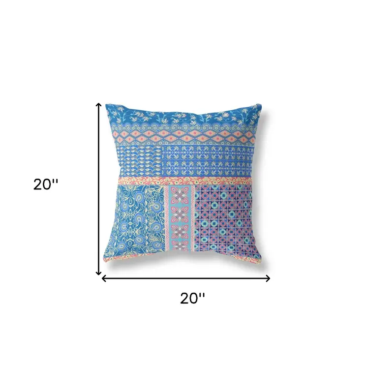 20"X20" Blue And Yellow Microsuede Patchwork Blown Seam Pillow