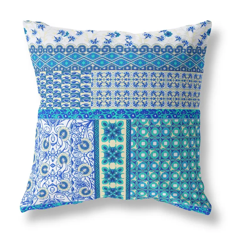 16"X16" Blue And White Microsuede Patchwork Blown Seam Pillow