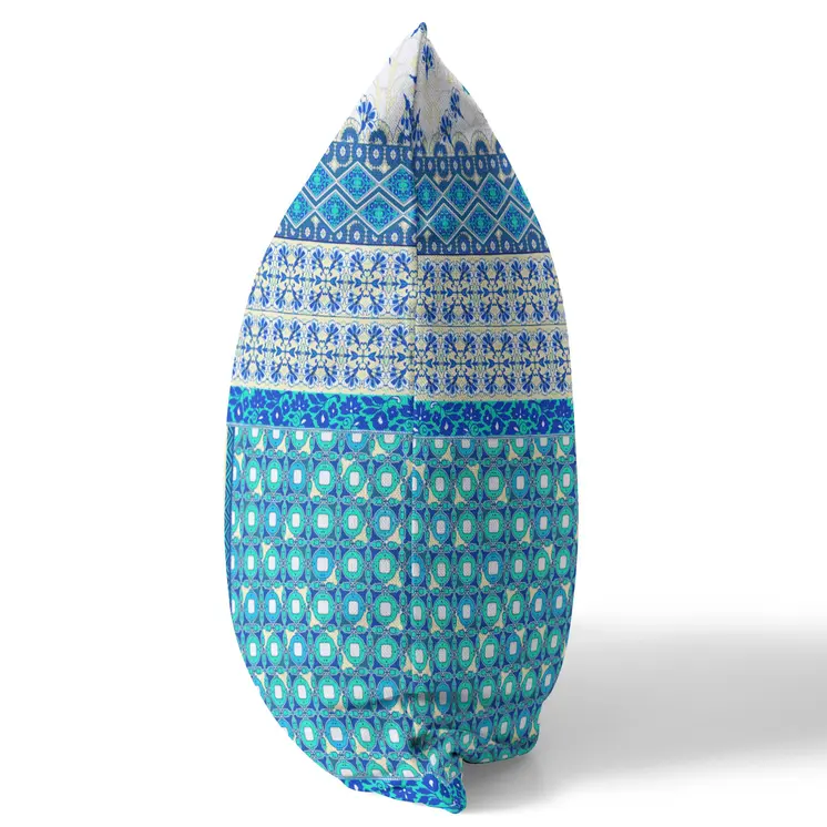 16"X16" Blue And White Microsuede Patchwork Blown Seam Pillow