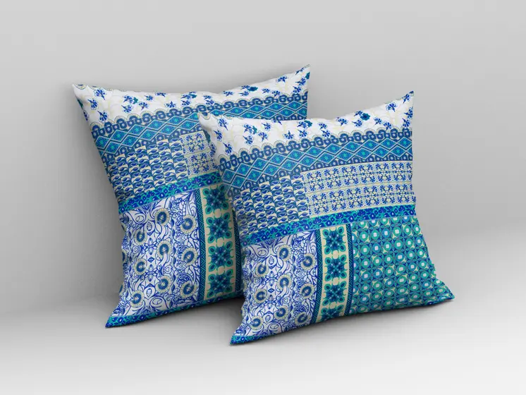 16"X16" Blue And White Microsuede Patchwork Blown Seam Pillow