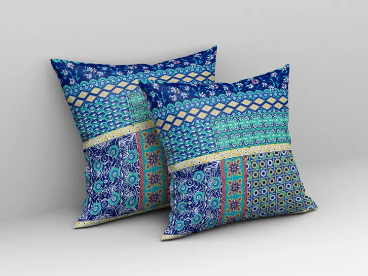 20"X20" Blue And Yellow Microsuede Patchwork Blown Seam Pillow