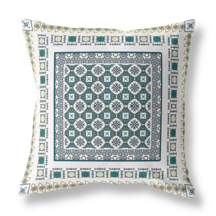 20" X 20" White And Green Floral Blown Seam Suede Throw Pillow