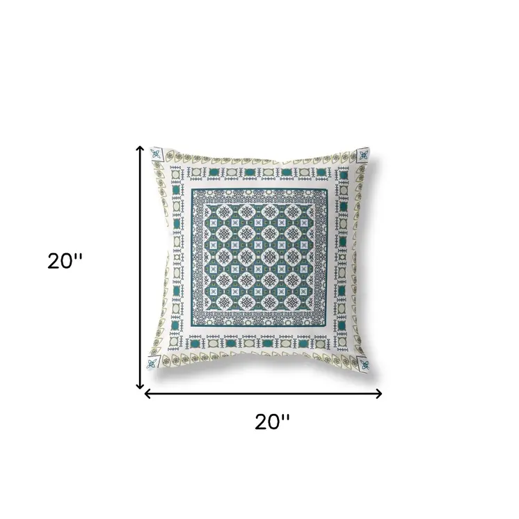20" X 20" White And Green Floral Blown Seam Suede Throw Pillow