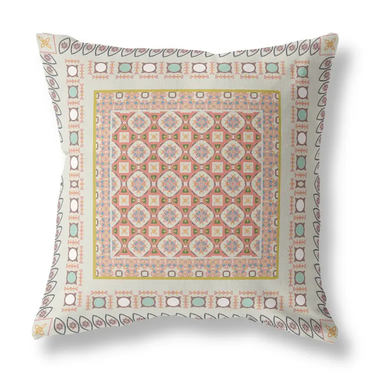 18" X 18" Off White And Orange Floral Blown Seam Suede Throw Pillow