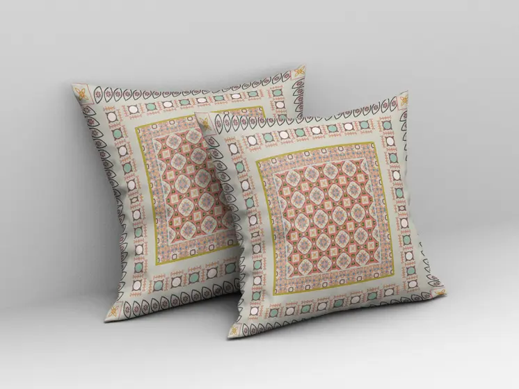 18" X 18" Off White And Orange Floral Blown Seam Suede Throw Pillow