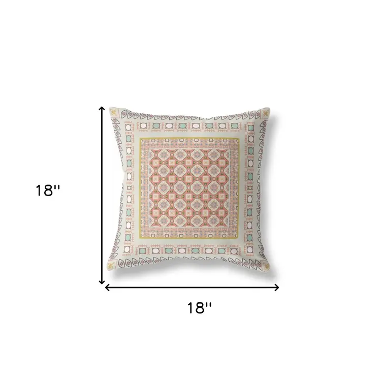 18" X 18" Off White And Orange Floral Blown Seam Suede Throw Pillow