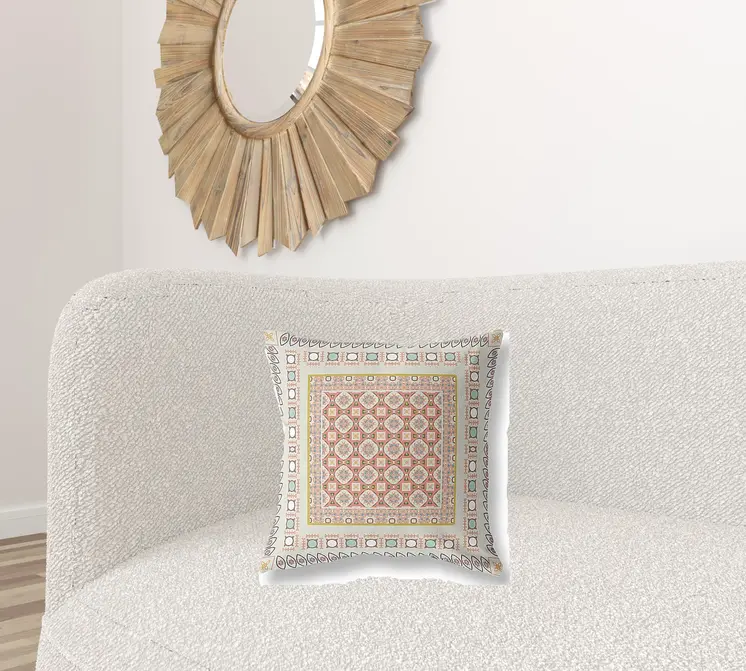 18" X 18" Off White And Orange Floral Blown Seam Suede Throw Pillow