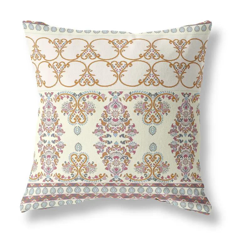 16" X 16" Off White And Orange Stencil Blown Seam Suede Throw Pillow