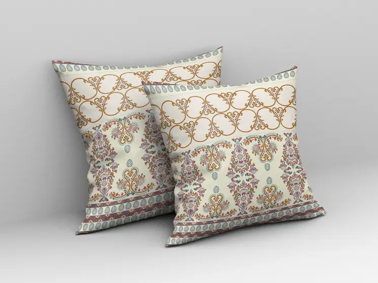 16" X 16" Off White And Orange Stencil Blown Seam Suede Throw Pillow