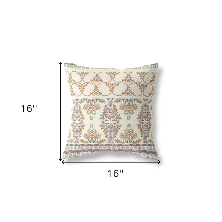 16" X 16" Off White And Orange Stencil Blown Seam Suede Throw Pillow