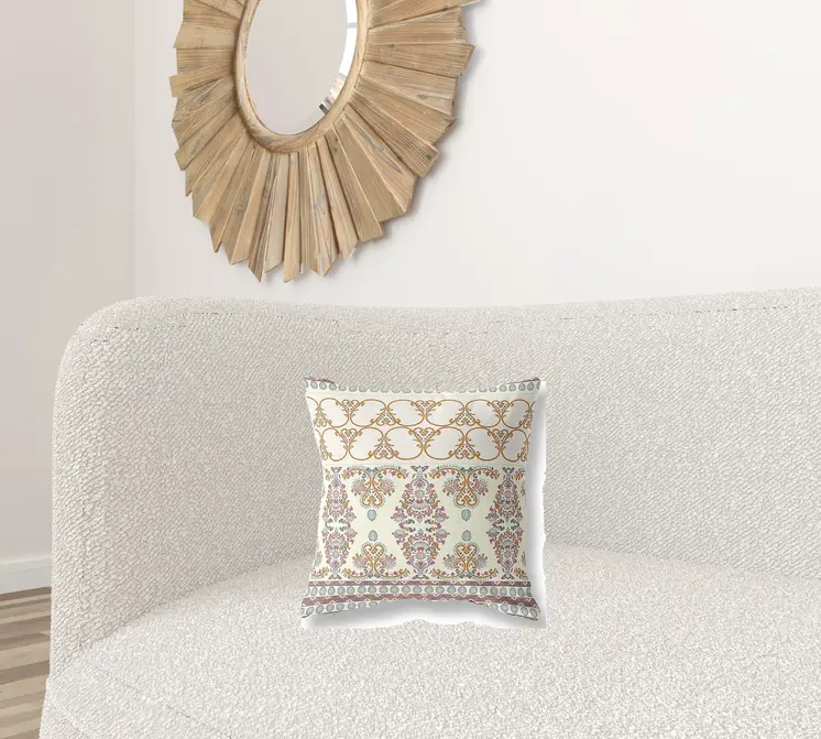 16" X 16" Off White And Orange Stencil Blown Seam Suede Throw Pillow