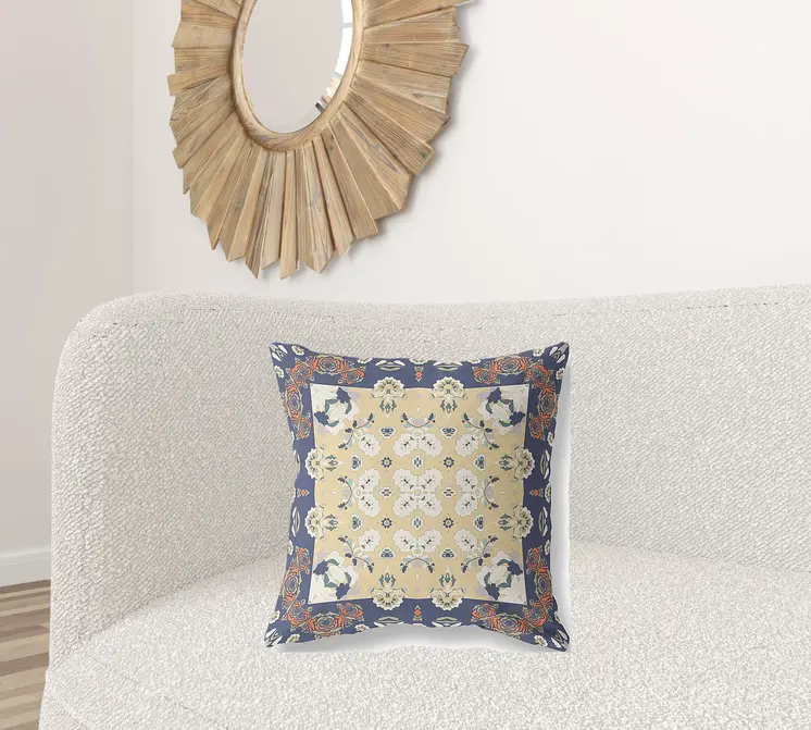 20" X 20" Blue Yellow Floral Blown Seam Suede Throw Pillow