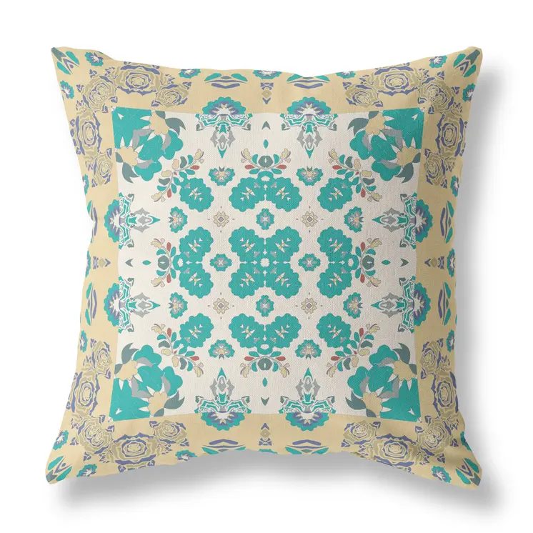 20" X 20" Yellow And White Floral Blown Seam Suede Throw Pillow