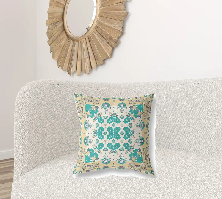20" X 20" Yellow And White Floral Blown Seam Suede Throw Pillow