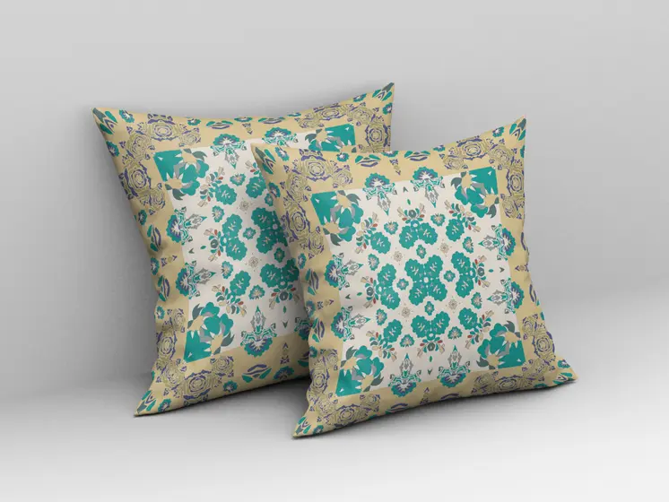 20" X 20" Yellow And White Floral Blown Seam Suede Throw Pillow
