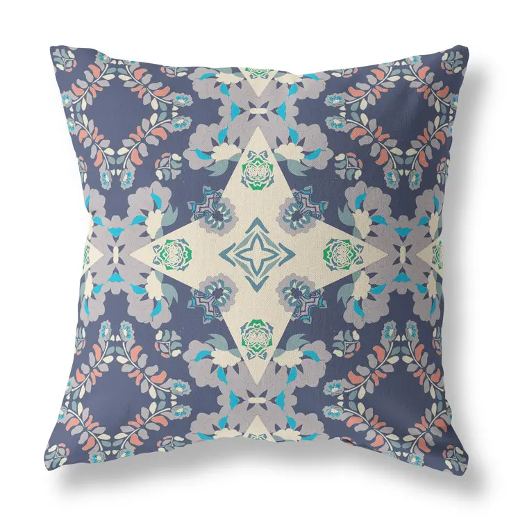 18" X 18" Blue And Off White Floral Blown Seam Suede Throw Pillow