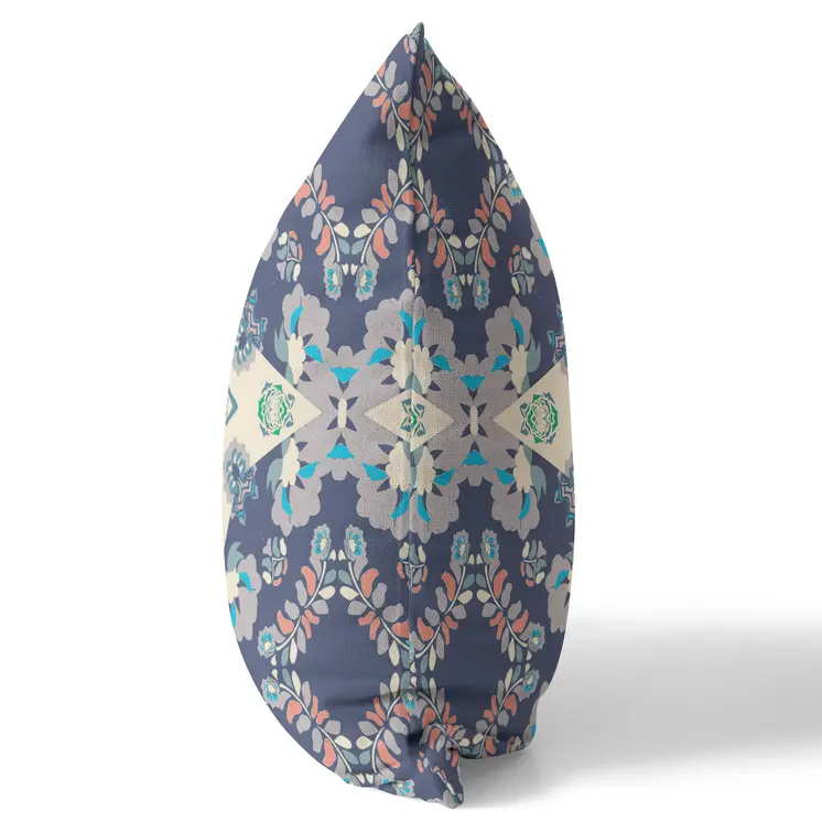 18" X 18" Blue And Off White Floral Blown Seam Suede Throw Pillow