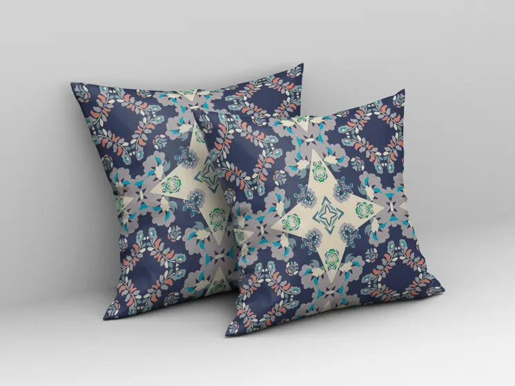 18" X 18" Blue And Off White Floral Blown Seam Suede Throw Pillow
