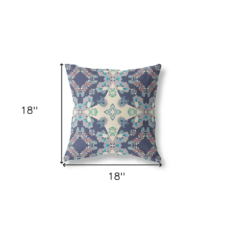 18" X 18" Blue And Off White Floral Blown Seam Suede Throw Pillow