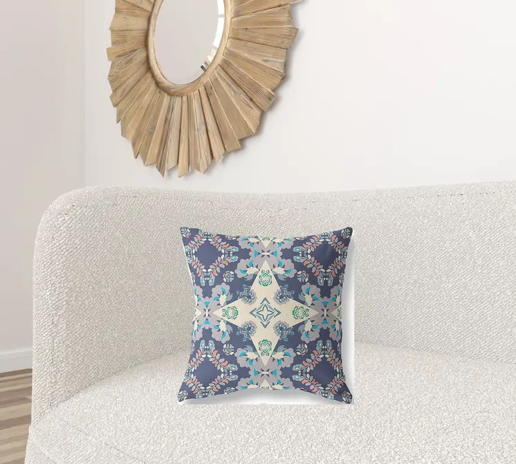 18" X 18" Blue And Off White Floral Blown Seam Suede Throw Pillow