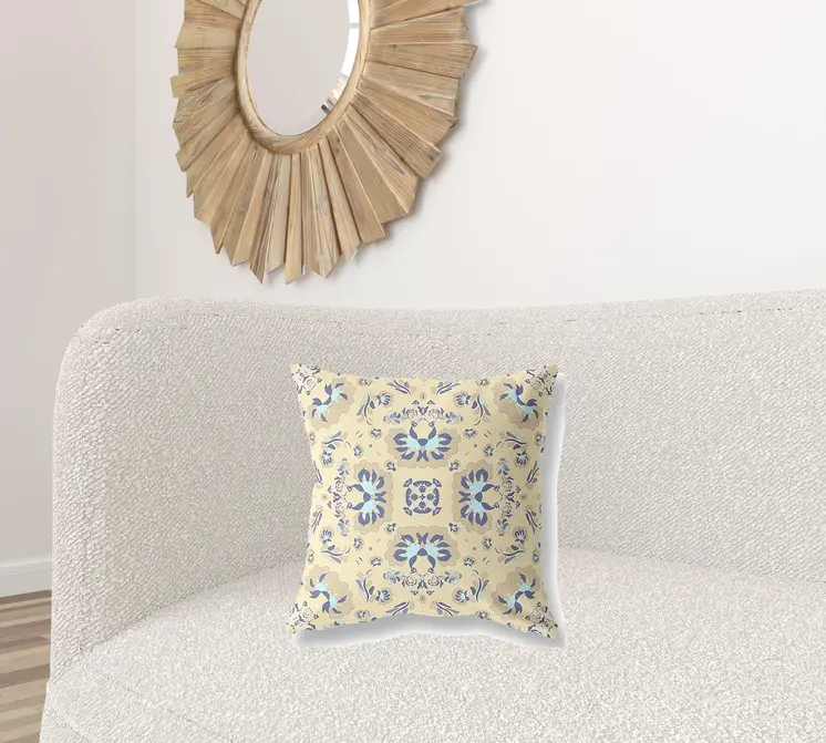 18" X 18" Yellow Floral Blown Seam Suede Throw Pillow