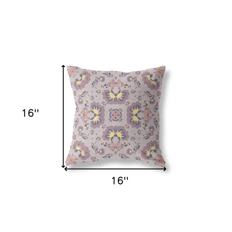 16" X 16" Muted Purple And Yellow Floral Blown Seam Suede Throw Pillow