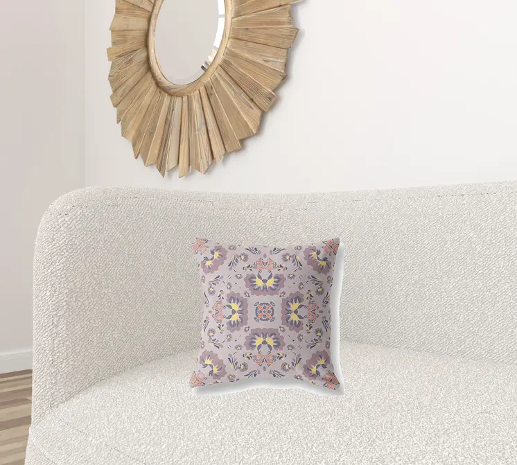 16" X 16" Muted Purple And Yellow Floral Blown Seam Suede Throw Pillow