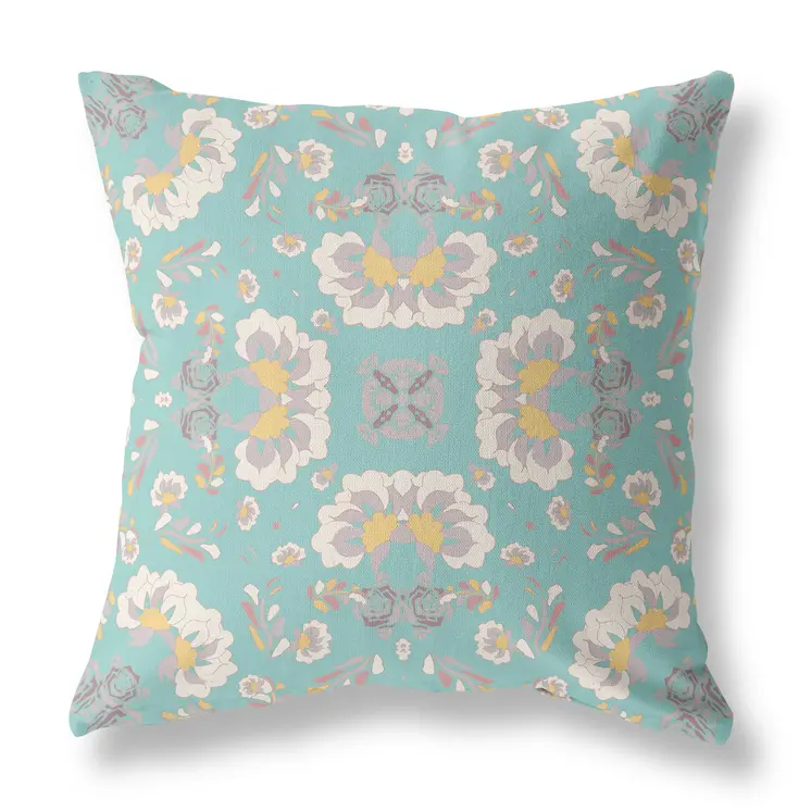 18" X 18" Green And White Floral Blown Seam Suede Throw Pillow