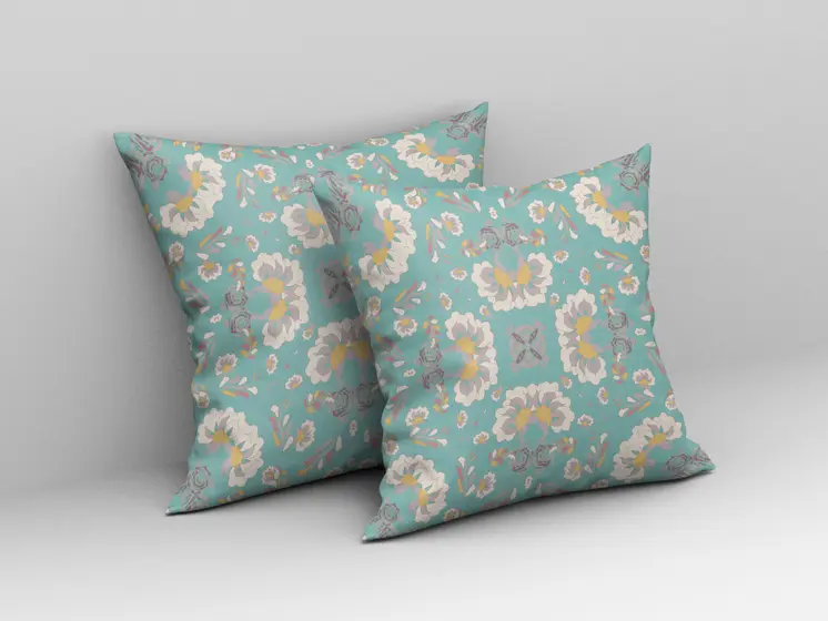 18" X 18" Green And White Floral Blown Seam Suede Throw Pillow