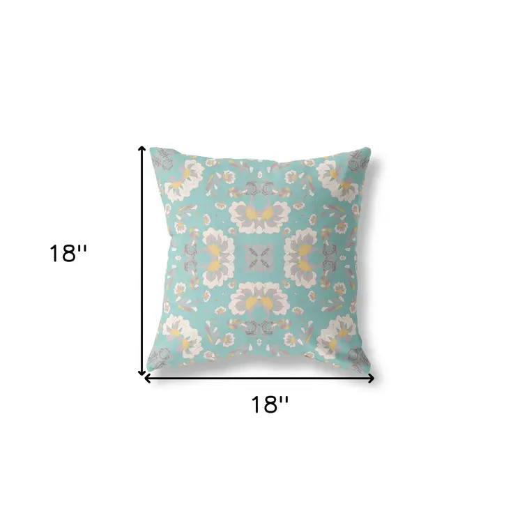 18" X 18" Green And White Floral Blown Seam Suede Throw Pillow