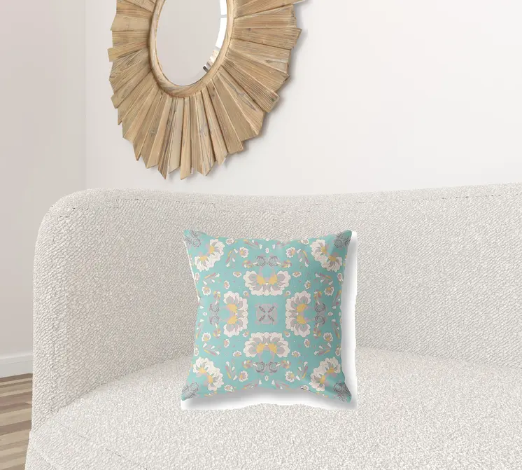 18" X 18" Green And White Floral Blown Seam Suede Throw Pillow