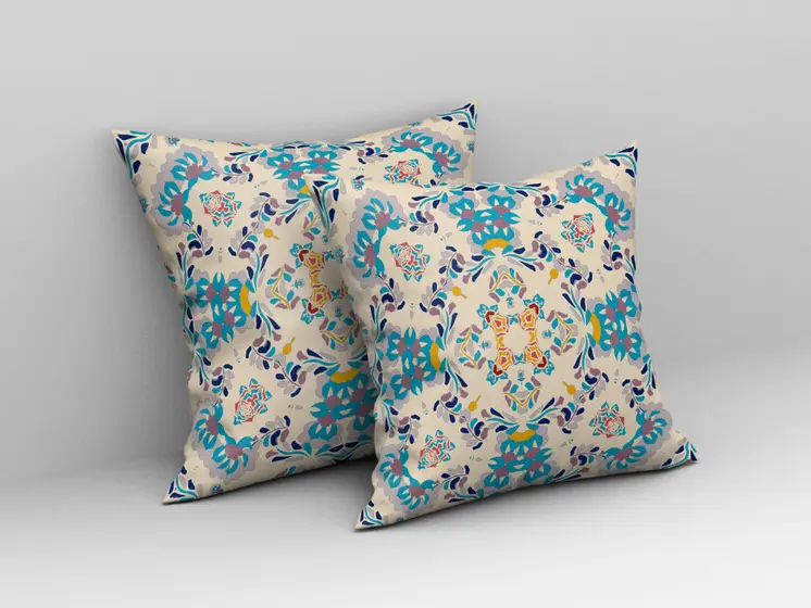20" X 20" Off White And Blue Abstract Blown Seam Suede Throw Pillow
