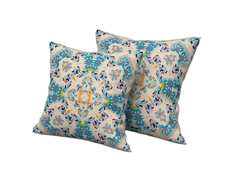 20" X 20" Off White And Blue Abstract Blown Seam Suede Throw Pillow