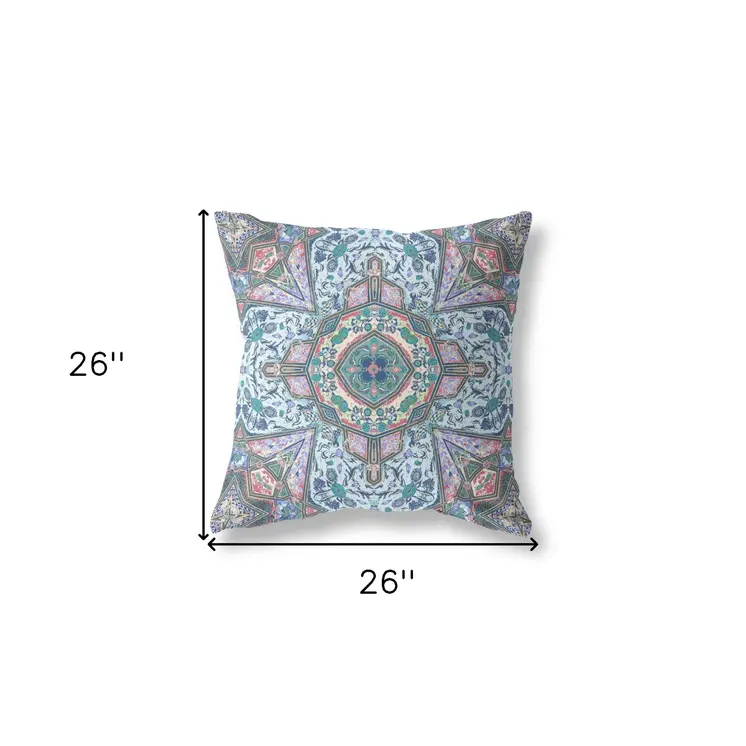 26" X 26" Blue And Pink Zippered Geometric Indoor Outdoor Throw Pillow Cover & Insert